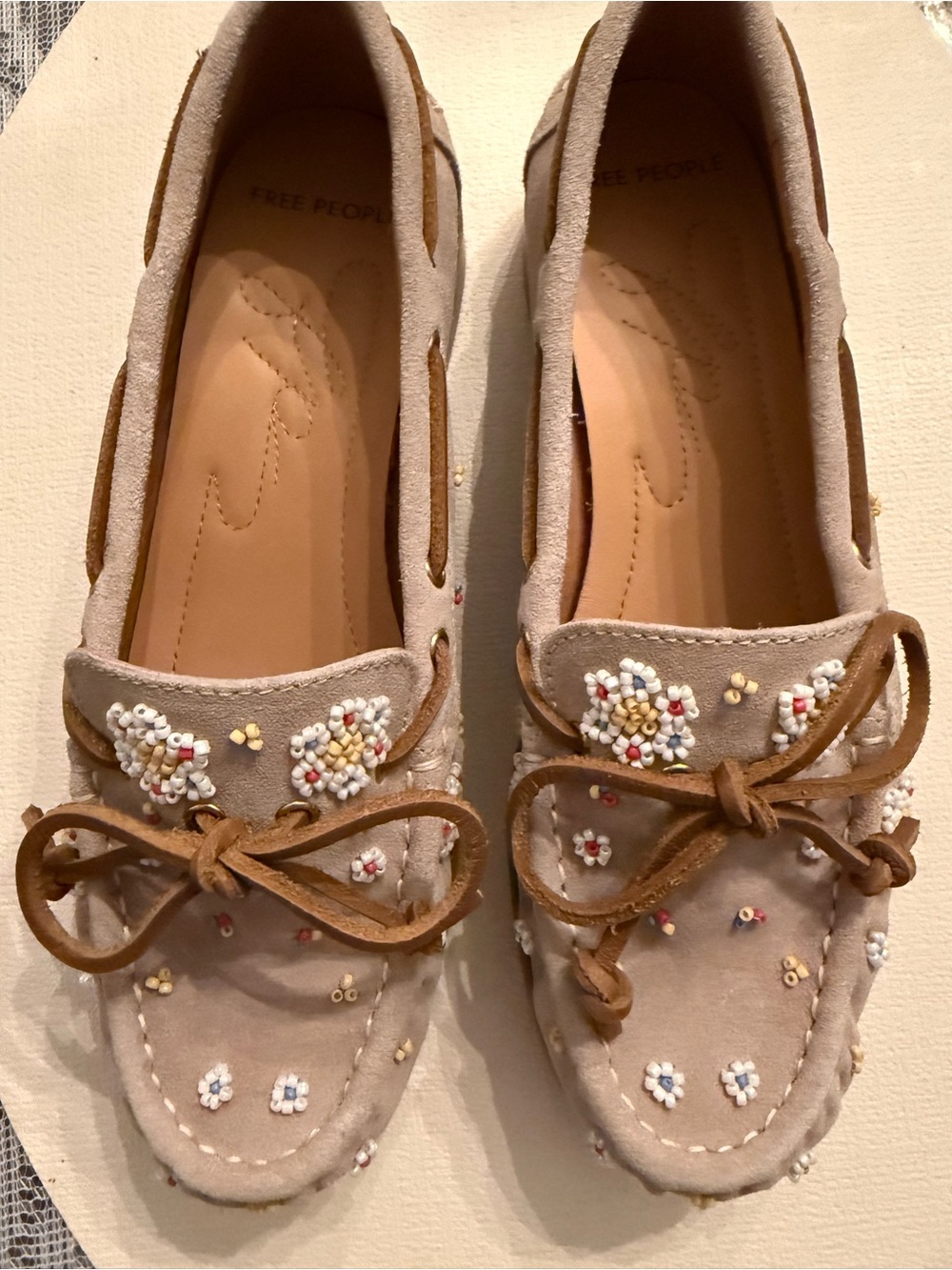 Free People Beige Suede Beaded Moccasin Loafers with Tan Bow